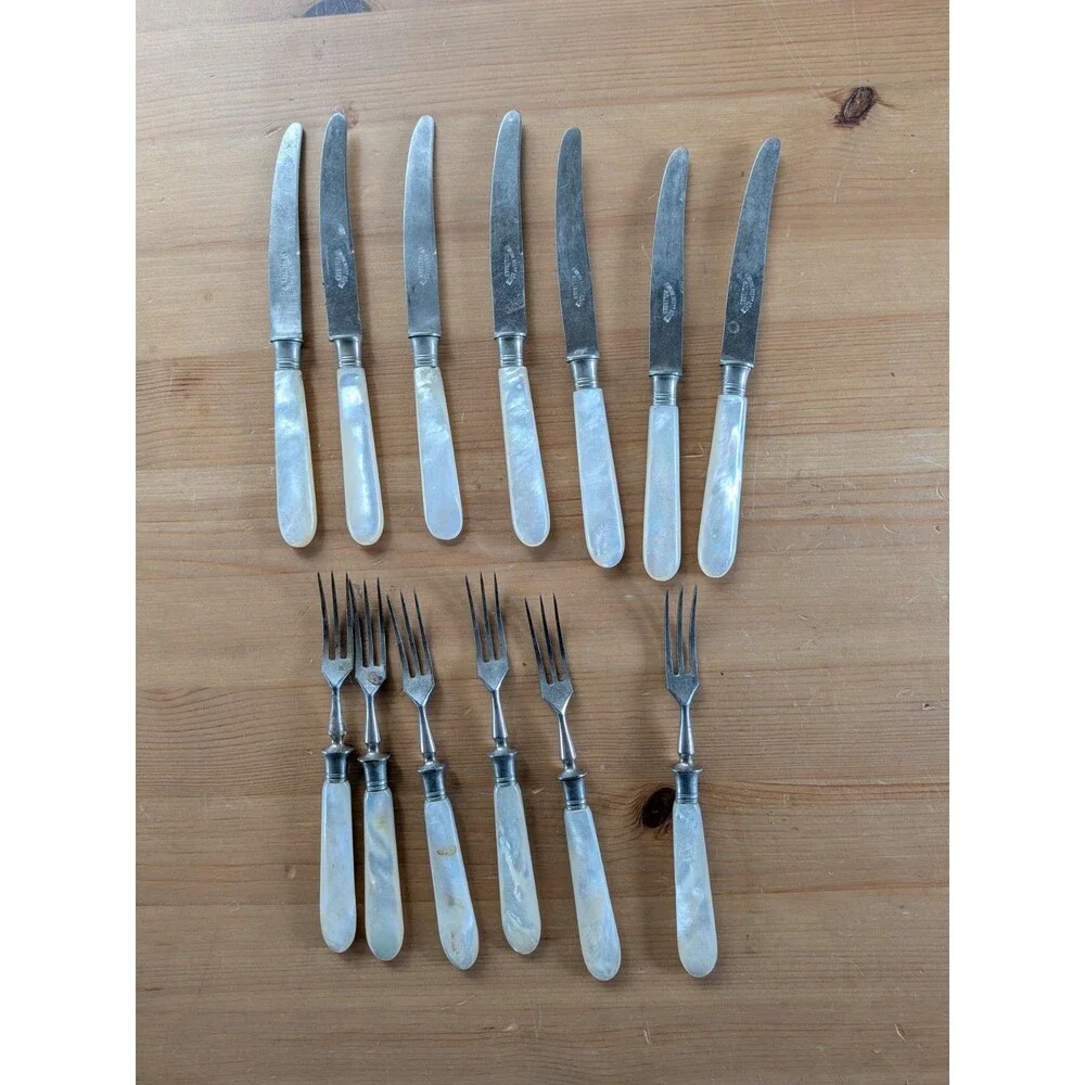 Antique Mother of Pearl and Nickel Fruit Set 7 Knives 6 Forks Friedrich Neef